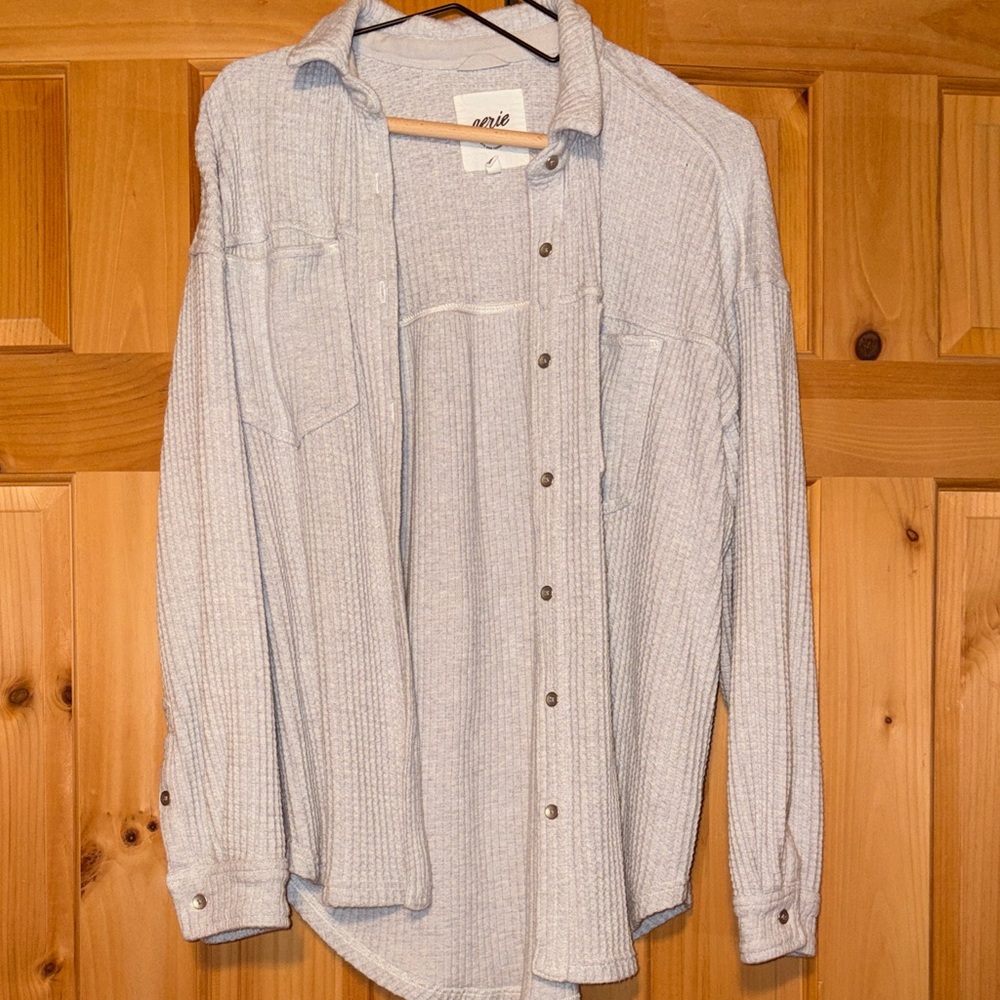 aerie Light Gray Ribbed Button-Up Cardigan Shirt